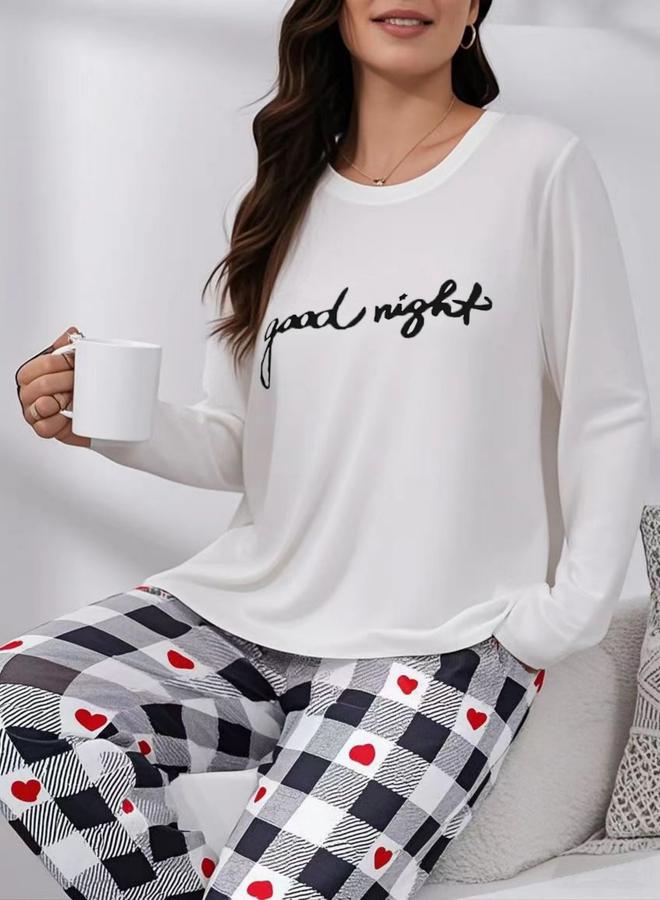 Take Two Slogan Printed Long Sleeve Top and Checked Pyjama Set - Image 3